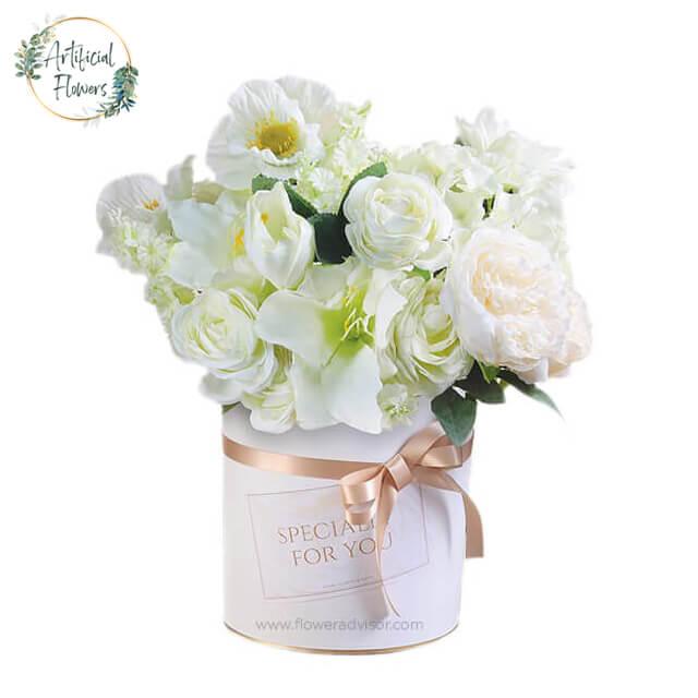 Elegant white flower bouquet in a gift box for fresh flower delivery in Singapore