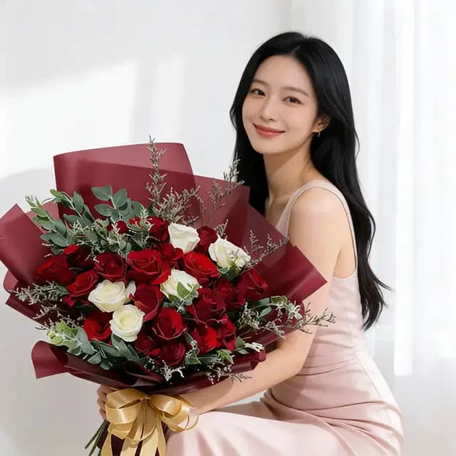 Red and white rose bouquet with greenery, wrapped in burgundy paper, perfect for flower delivery