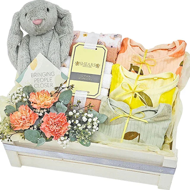 Flower delivery hamper with baby essentials, plush bunny, and fresh carnation bouquet