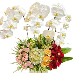 Elegant table flower arrangement with orchids, roses, and gerberas for flower delivery