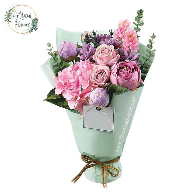 Elegant pink and purple artificial flower bouquet for online flower delivery in Singapore