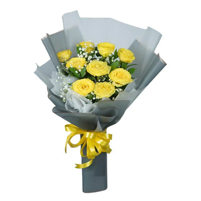 Yellow rose bouquet with baby's breath for flower delivery, wrapped with grey paper and ribbon