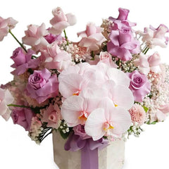 Pink and purple orchid and rose bloom box for flower delivery in Singapore
