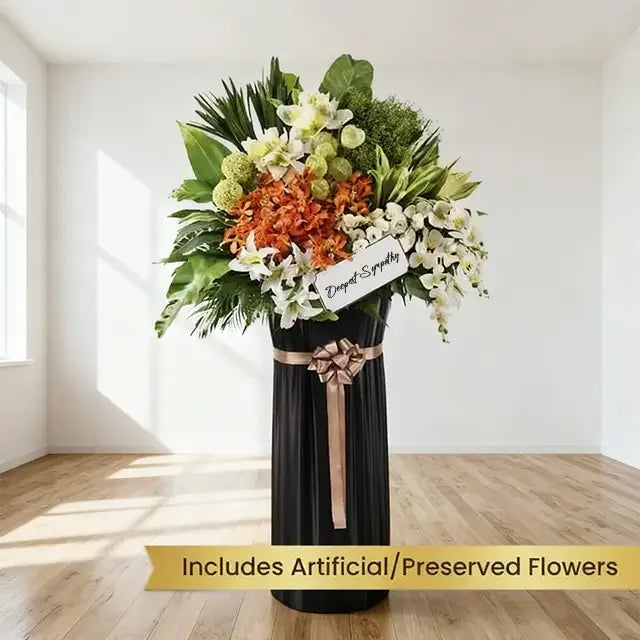 Sympathy standing flower arrangement with artificial and preserved flowers, ideal for delivery