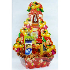 Festive floral hamper with assorted snacks, ideal for flower delivery in Singapore.