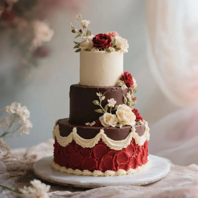 Elegant birthday cake with red, white, and chocolate icing, topped with fresh decorative flowers for flower delivery.
