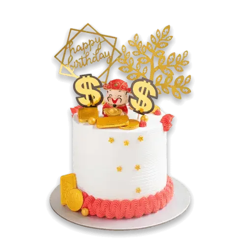 Birthday cake with gold dollar signs and festive decorations for flower delivery