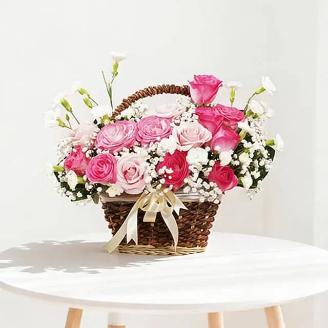 Blushing Serenity flower basket for a girlfriend or wife