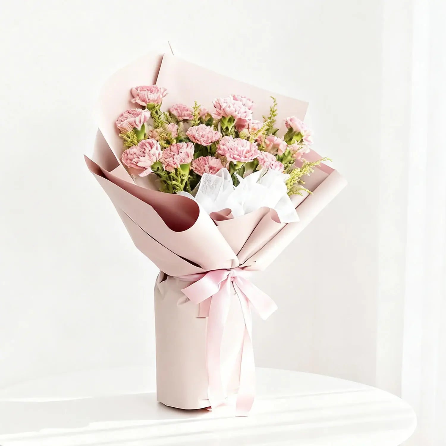 Elegant pink carnation bouquet in pastel wrapping, perfect for flower delivery in Singapore
