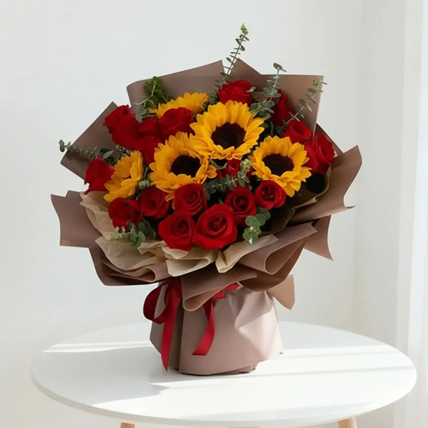 Fresh sunflower and red rose bouquet for flower delivery in Singapore