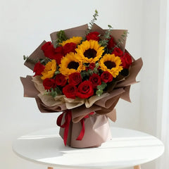 Fresh sunflower and red rose bouquet for flower delivery in Singapore