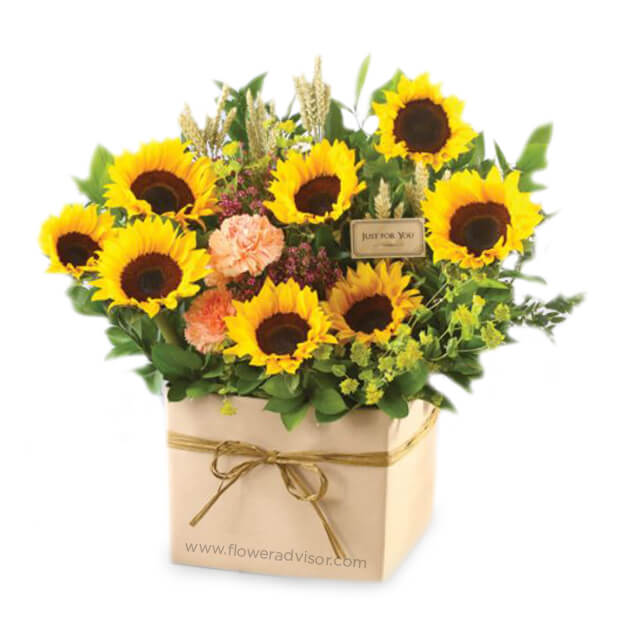 Bright sunflower bouquet in a gift box, perfect for flower delivery in Singapore
