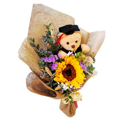 Graduation sunflower bouquet with teddy bear, ideal for flower delivery in Singapore