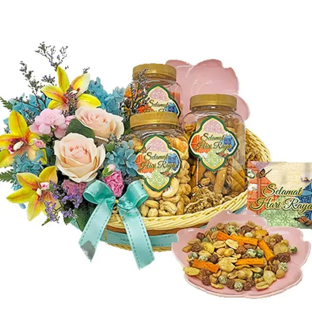 Festive flower delivery basket with assorted cookies, snacks and colorful fresh flowers