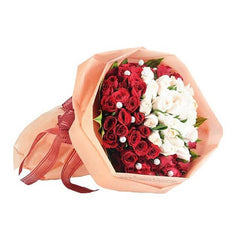 Red and white rose bouquet with pearls, ideal for Singapore flower delivery