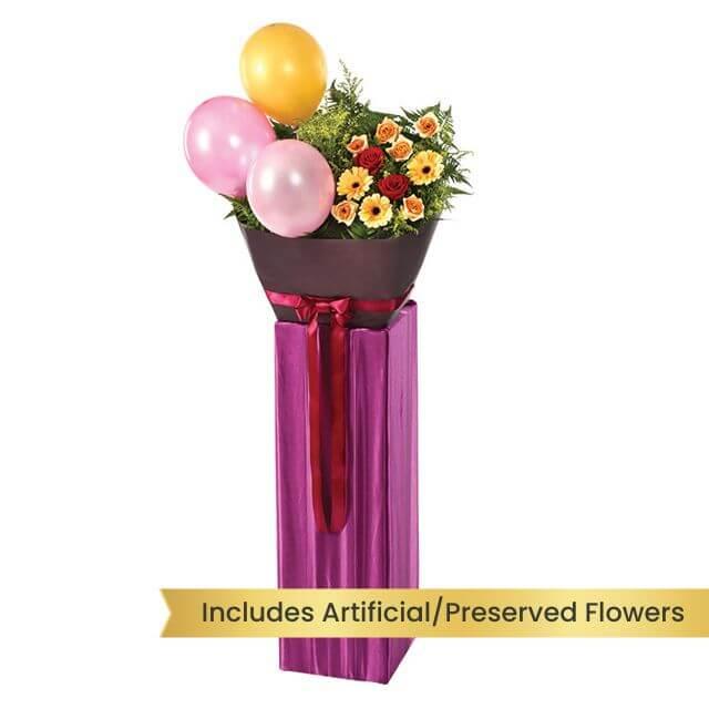Grand opening flower stand with vibrant mixed flowers and balloons, for flower delivery