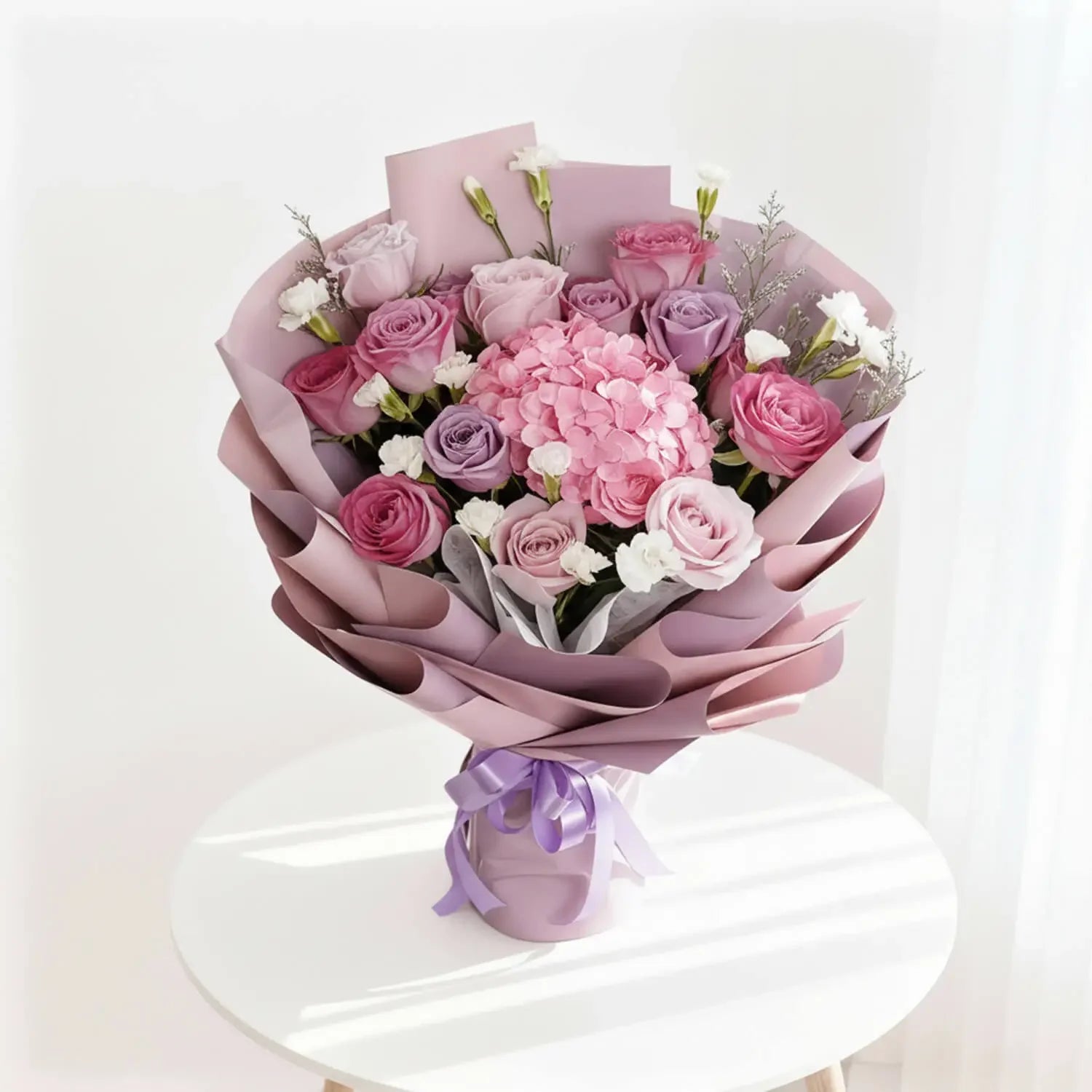 Elegant pink and purple flower bouquet for delivery, arranged in mauve wrapping on a table