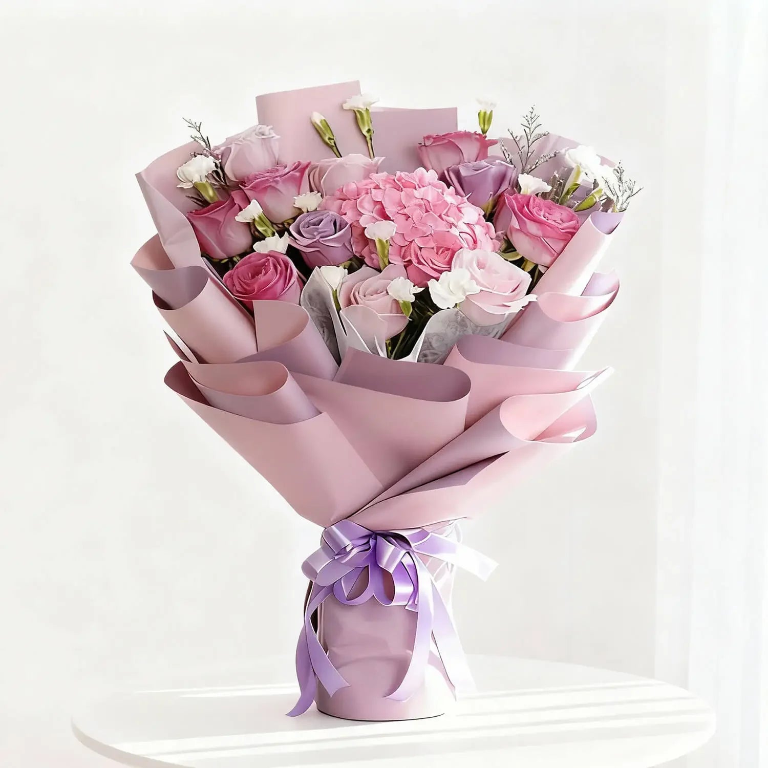 Elegant pink and purple flower bouquet in pastel wrap for flower delivery