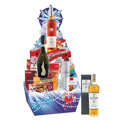 Festive gift hamper with wine, chocolates, and treats, ideal for flower delivery gifts.