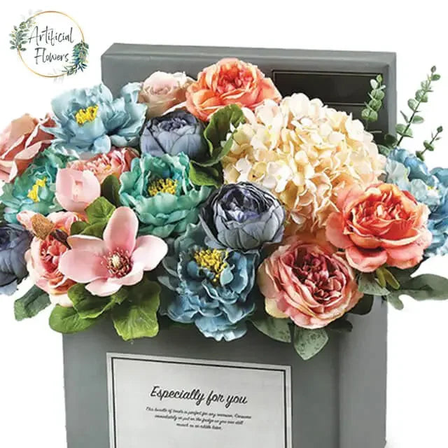 Colorful bouquet of artificial flowers in a box for flower delivery in Singapore
