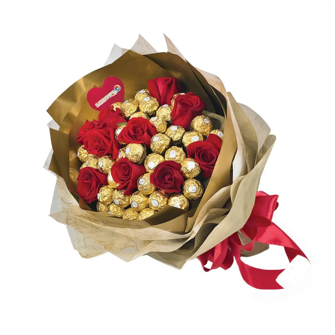 Bouquet with red roses and Ferrero Rocher chocolates for flower delivery