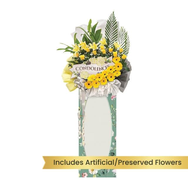 Condolence flower stand with yellow and white fresh flowers for delivery