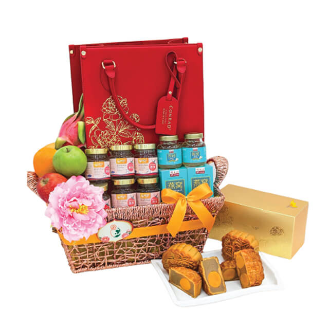Festive gift basket with fresh flowers, fruits, mooncakes, ideal for Singapore flower delivery