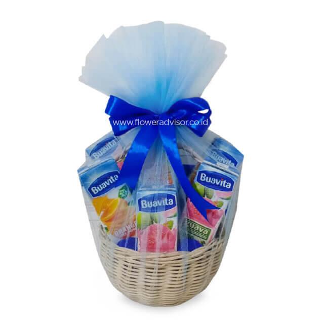 Juice hamper basket with blue ribbon, ideal for flower delivery and gift occasions
