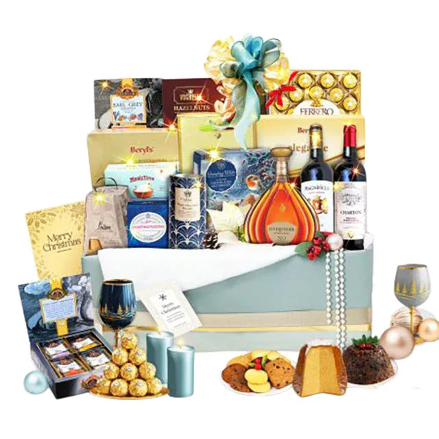 Luxury gift hamper with festive treats, wine, cookies, chocolates, ideal for flower delivery