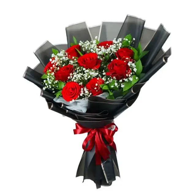 Red rose bouquet with baby's breath in black wrapping, perfect for flower delivery