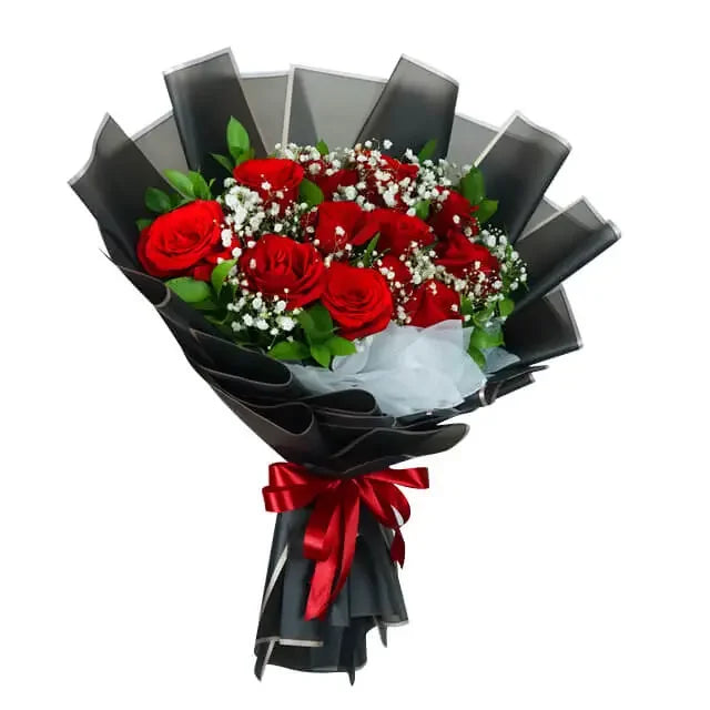 Red rose bouquet with baby’s breath, black wrapping, ideal for flower delivery in Singapore.