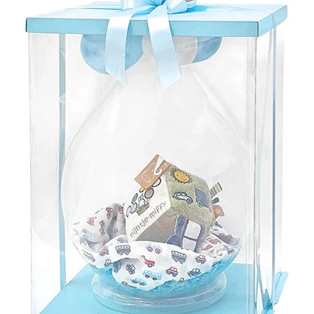 Baby gift hamper with plush toy, car-print blanket, and blue ribbon, ideal for flower delivery