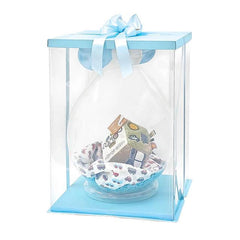 Gift box with blue ribbon for flower delivery, featuring soft toy and printed blanket arrangement
