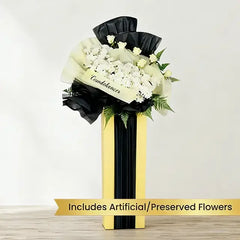 Condolence flower stand with white artificial and preserved flowers for delivery