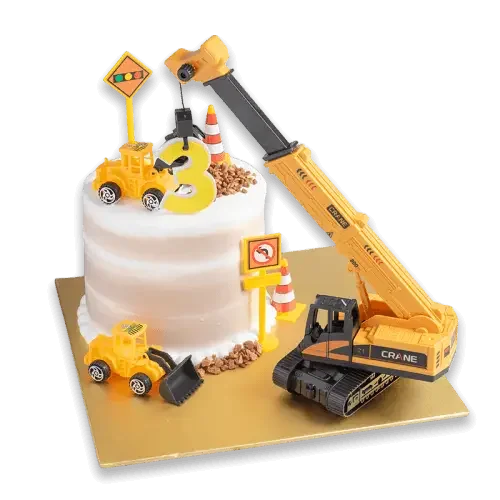 Construction-themed birthday cake with toy excavator, crane, and dump truck for kids' party delivery