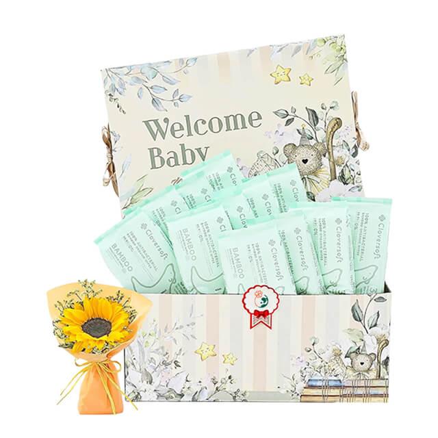 Welcome Baby floral gift box with sunflower bouquet, ideal for flower delivery in Singapore