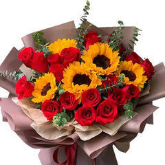 Bouquet of 18 vibrant red roses and sunflowers, perfect for flower delivery in Singapore