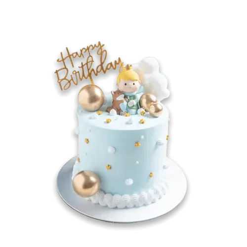 Blue birthday cake with gold balls, stars, and 'Happy Birthday' topper for same-day delivery