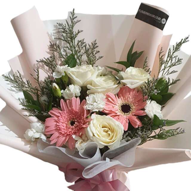 Fresh flower bouquet with white roses and pink gerberas for delivery in Singapore