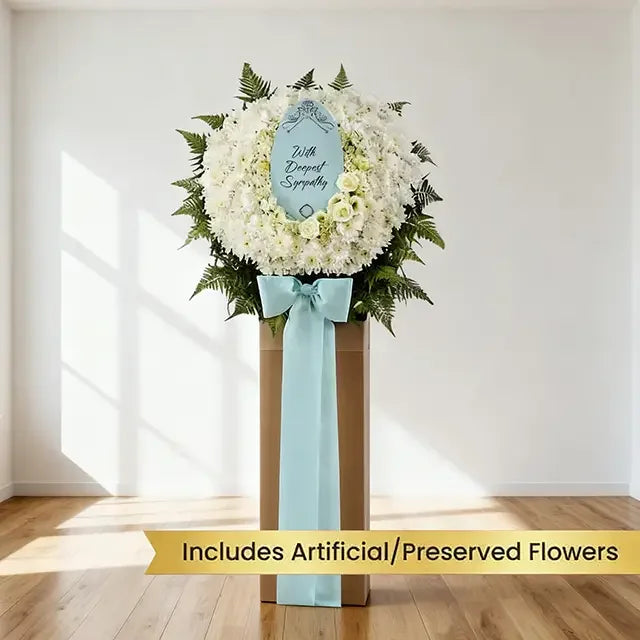 White condolence flower wreath with eustoma and roses for sympathy flower delivery