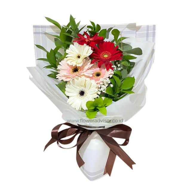 Hand-tied bouquet with red, white, and pink gerbera daisies, ideal for flower delivery.
