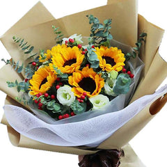 Hand-tied sunflower bouquet with white roses and greenery for fresh flower delivery
