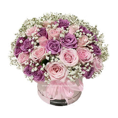 Pink and purple rose bloom box arrangement for flower delivery in Singapore