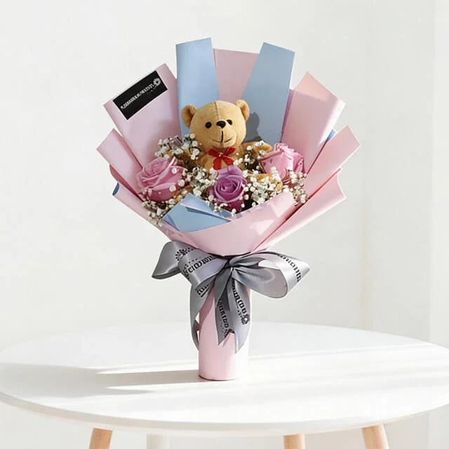 Pink Roses Bouquet with Teddy Bear - Violetta