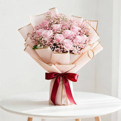 12 Pink Roses Hand Bouquet - Raining  Kisses