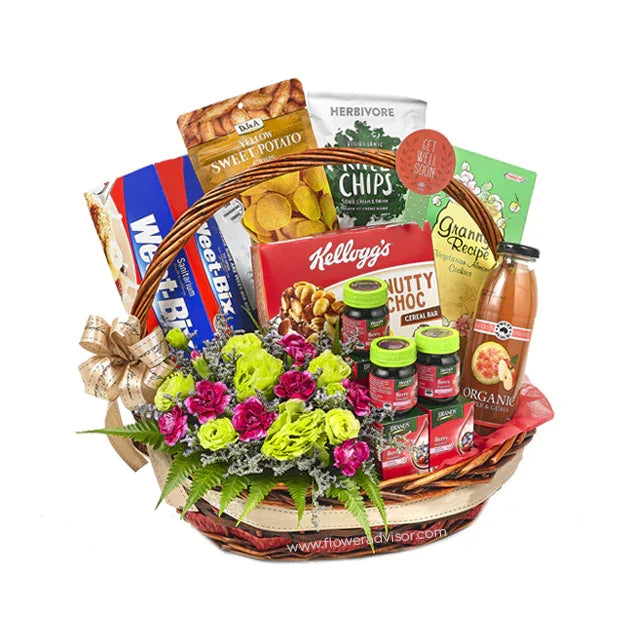 Flower delivery basket with fresh flowers, healthy snacks, cereal, and fruit juice