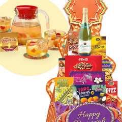 Festive snack and drink hamper for flower delivery, featuring assorted treats and a beverage