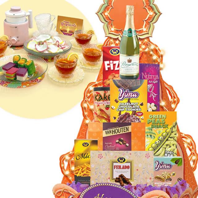 Gift hamper with assorted snacks, cookies, teas, and drinks for festive delivery in Singapore
