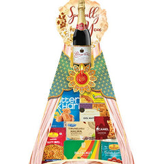 Festive gift hamper with sparkling drink, assorted snacks and treats, ideal for flower delivery.