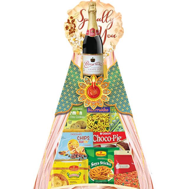Festive hamper with snacks and grape juice, ideal for flower and gift delivery Singapore